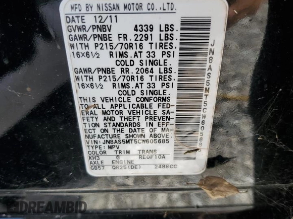 2012 Nissan Rogue S with VIN JN8AS5MT5CW605685, listed as a Copart auction lot 51954045 with 146,268 mi miles and Clean Title. Bid and sale history available at DreamBid. Image 13.