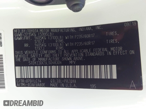 2020 Toyota Sienna XLE Auto Access Seat with VIN 5TDYZ3DC5LS048304, listed as a IAAI auction lot 42658852 with 53,797 mi miles and . Bid and sale history available at DreamBid. Image 9.