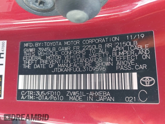 2020 Toyota Prius L Eco z VIN JTDKARFU0L3109596, wystawiony jako IAAI lot #41950366 z przebiegiem Nie podano mil oraz . Historia ofert i sprzedaży dostępna na DreamBid. Obrazek 9.