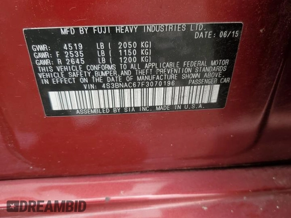 2015 Subaru Legacy Premium with VIN 4S3BNAC67F3070196, listed as a Copart auction lot 60076535 with 122,943 mi miles and Salvage title. Bid and sale history available at DreamBid. Image 12.