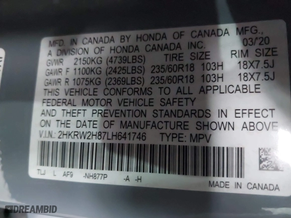 2020 Honda CR-V EX-L with VIN 2HKRW2H87LH641746, listed as a IAAI auction lot 41720711 with 40,518 mi miles. Bid and sale history available at carsss.com. Image 9.