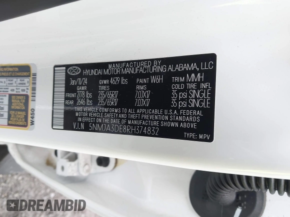 2024 Hyundai Tucson SE with VIN 5NMJA3DE8RH374832, listed as a IAAI auction lot 41472488 with 4,506 mi miles and . Bid and sale history available at DreamBid. Image 9.