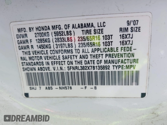 2007 Honda Odyssey LX with VIN 5FNRL382X7B135892, listed as a IAAI auction lot 42223231 with 204,054 mi miles and . Bid and sale history available at DreamBid. Image 9.