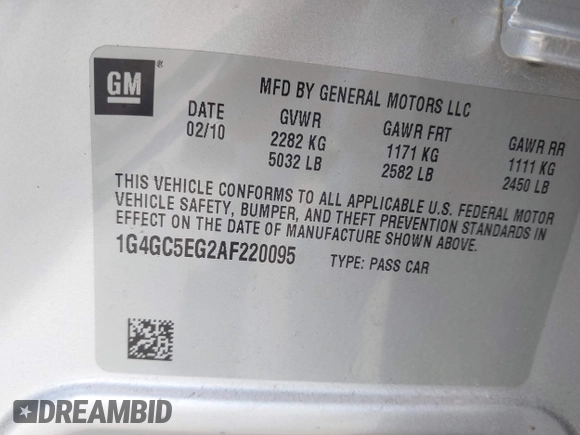 2010 Buick LaCrosse CXL with VIN 1G4GC5EG2AF220095, listed as a IAAI auction lot 42523854 with 100,389 mi miles and . Bid and sale history available at DreamBid. Image 9.