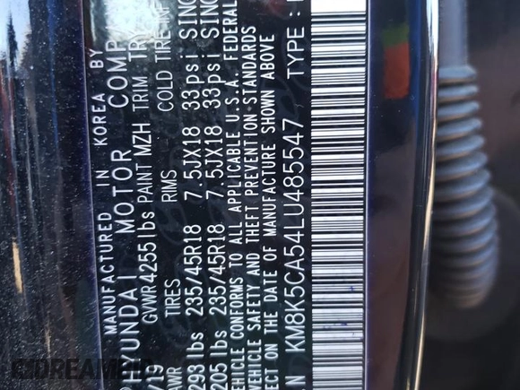 2020 Hyundai Kona Ultimate with VIN KM8K5CA54LU485547, listed as a Copart auction lot 66254682 with 43,981 mi miles. Bid and sale history available at carsss.com. Image 10.