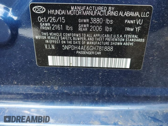 2016 Hyundai Elantra SE with VIN 5NPDH4AE6GH781888, listed as a Copart auction lot 61032035 with 55,652 mi miles and Salvage title. Bid and sale history available at DreamBid. Image 13.
