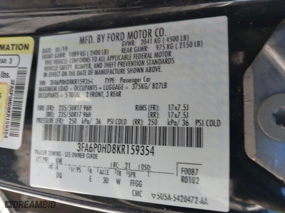 2019 Ford Fusion SE with VIN 3FA6P0HD8KR159354, listed as a IAAI auction lot 41998638 with 72,631 mi miles. Bid and sale history available at carsss.com. Image 9.