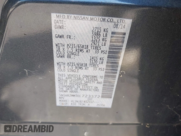 2014 Nissan Pathfinder S with VIN 5N1AR2MM3EC723572, listed as a IAAI auction lot 42657522 with 138,328 mi miles and . Bid and sale history available at DreamBid. Image 9.