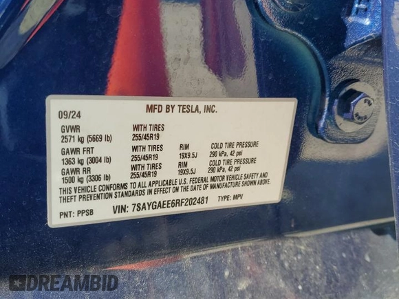 2024 Tesla Model Y Long Range with VIN 7SAYGAEE6RF202481, listed as a Copart auction lot 59208165 with 15,346 mi miles and Salvage title. Bid and sale history available at DreamBid. Image 12.