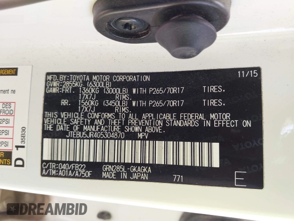 2016 Toyota 4Runner Limited with VIN JTEBU5JR4G5304870, listed as a IAAI auction lot 41889502 with 74,924 mi miles and . Bid and sale history available at DreamBid. Image 9.