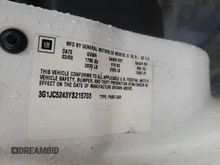 2000 Chevrolet Cavalier z VIN 3G1JC5243YS215703, wystawiony jako Copart lot #56736015 z przebiegiem Nie podano mil oraz Szkoda całkowita • Salvage title. Historia ofert i sprzedaży dostępna na DreamBid. Obrazek 12.