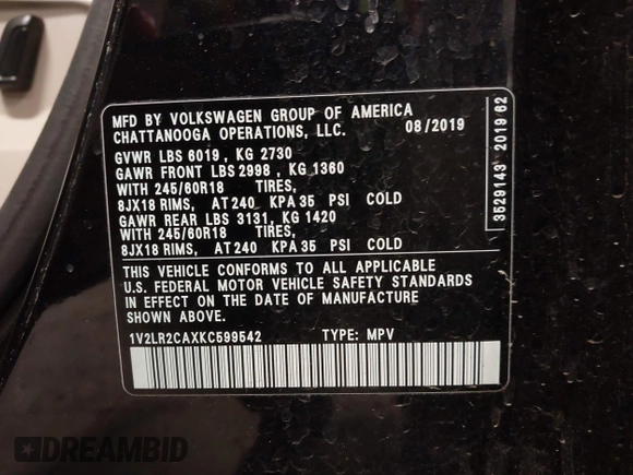 2019 Volkswagen Atlas SE with VIN 1V2LR2CAXKC599542, listed as a IAAI auction lot 41628588 with 59,377 mi miles and . Bid and sale history available at DreamBid. Image 9.