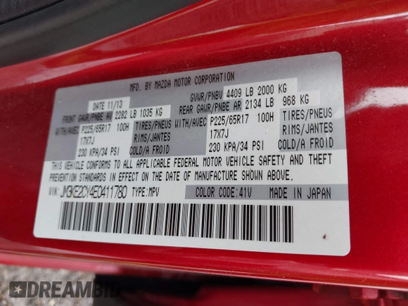 2014 Mazda CX-5 Touring with VIN JM3KE2CY4E0411780, listed as a IAAI auction lot 41903570 with 103,658 mi miles and . Bid and sale history available at DreamBid. Image 9.