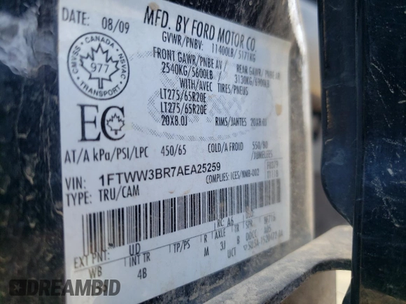 2010 Ford F-350 XL with VIN 1FTWW3BR7AEA25259, listed as a Copart auction lot 60912525 with 156,025 mi miles and Salvage title. Bid and sale history available at DreamBid. Image 12.