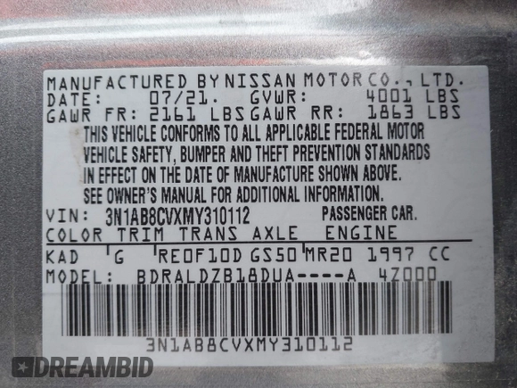 2021 Nissan Sentra SV z VIN 3N1AB8CVXMY310112, wystawiony jako IAAI lot #41549573 z przebiegiem 61 720 mil mil oraz . Historia ofert i sprzedaży dostępna na DreamBid. Obrazek 9.