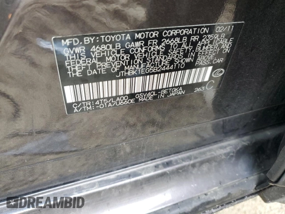 2011 Lexus ES with VIN JTHBK1EG5B2444110, listed as a Copart auction lot 53195145 with 128,325 mi miles and Salvage Title. Bid and sale history available at carsss.com. Image 14.
