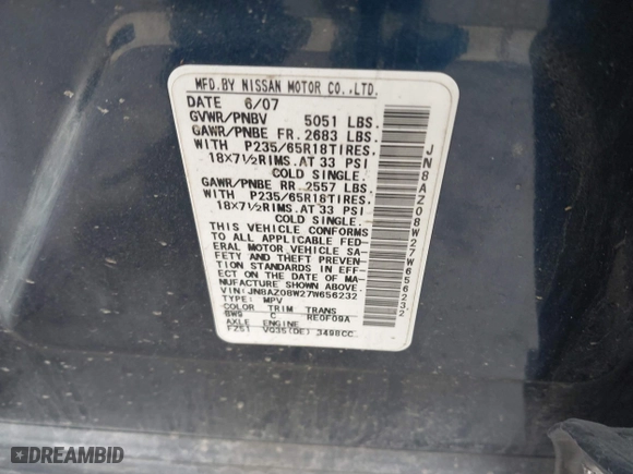 2007 Nissan Murano S with VIN JN8AZ08W27W656232, listed as a IAAI auction lot 41668720 with 95,489 mi miles. Bid and sale history available at carsss.com. Image 9.