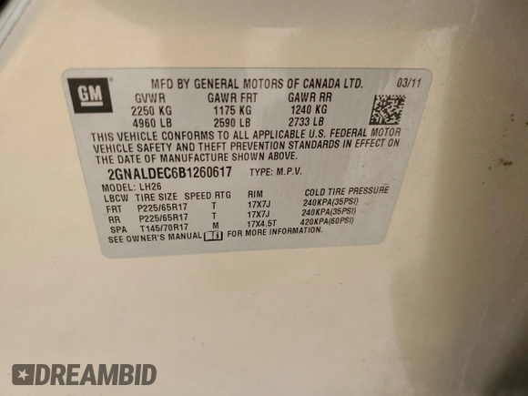 2011 Chevrolet Equinox 1LT with VIN 2GNALDEC6B1260617, listed as a Copart auction lot 50735655 with 148,339 mi miles and Salvage Title. Bid and sale history available at DreamBid. Image 13.