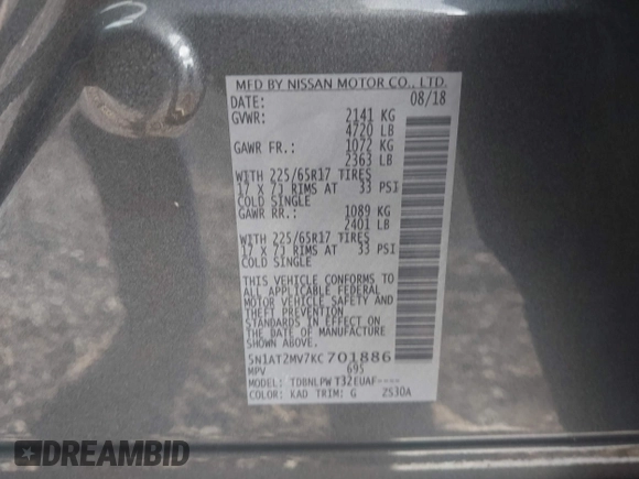2019 Nissan Rogue SV with VIN 5N1AT2MV7KC701886, listed as a IAAI auction lot 40798587 with 51,491 mi miles and . Bid and sale history available at carsss.com. Image 9.