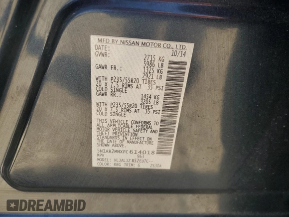 2015 Nissan Pathfinder S with VIN 5N1AR2MNXFC614018, listed as a Copart auction lot 52442435 with 109,943 mi miles and Salvage title. Bid and sale history available at DreamBid. Image 14.