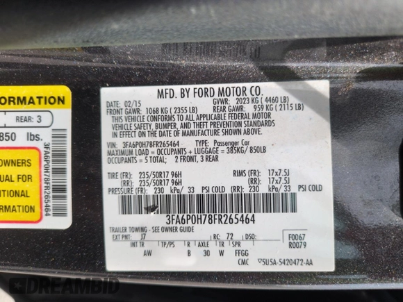 2015 Ford Fusion SE with VIN 3FA6P0H78FR265464, listed as a Copart auction lot 58766265 with 121,295 mi miles and Clean title. Bid and sale history available at DreamBid. Image 12.