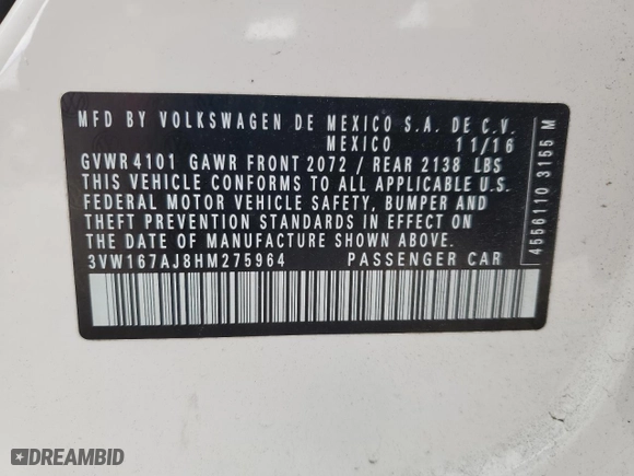 2017 Volkswagen Jetta 1.4T S with VIN 3VW167AJ8HM275964, listed as a Copart auction lot 46069135 with 97,848 mi miles and Salvage Title. Bid and sale history available at carsss.com. Image 13.