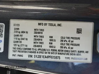 2023 Tesla Model 3 with VIN 5YJ3E1EA4PF615975, listed as a Copart auction lot 58845405 with 38,927 mi miles and Salvage title. Bid and sale history available at DreamBid. Image 12.