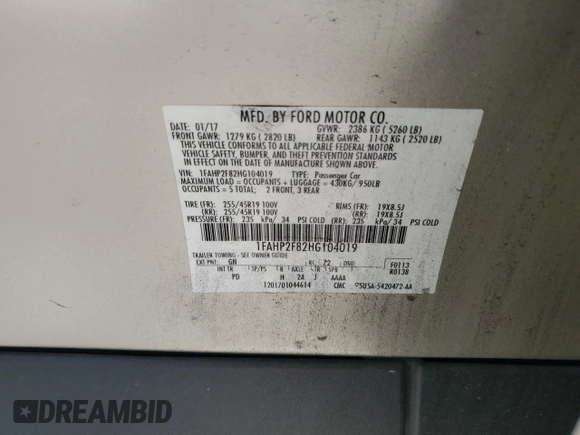 2017 Ford Taurus Limited with VIN 1FAHP2F82HG104019, listed as a Copart auction lot 57101685 with 160,958 mi miles and Salvage title. Bid and sale history available at DreamBid. Image 12.