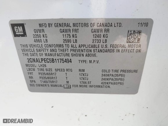 2011 Chevrolet Equinox LT w/2LT with VIN 2GNALPEC5B1175494, listed as a IAAI auction lot 41905154 with 123,769 mi miles. Bid and sale history available at carsss.com. Image 9.