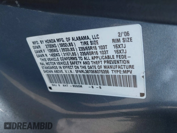 2006 Honda Odyssey EX-L z VIN 5FNRL38706B075356, wystawiony jako IAAI lot #42021960 z przebiegiem 120 455 mil mil oraz . Historia ofert i sprzedaży dostępna na DreamBid. Obrazek 9.