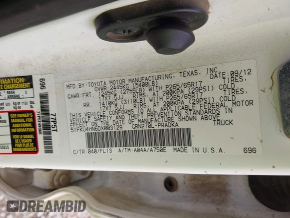 2013 Toyota Tacoma PreRunner z VIN 5TFKU4HN6DX003129, wystawiony jako IAAI lot #42190939 z przebiegiem 206 404 mil mil oraz . Historia ofert i sprzedaży dostępna na DreamBid. Obrazek 9.