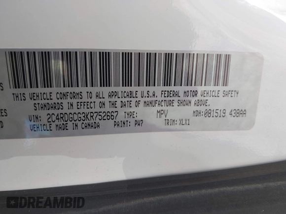 2019 Dodge Grand Caravan SXT with VIN 2C4RDGCG3KR752667, listed as a IAAI auction lot 41685273 with 171,352 mi miles and . Bid and sale history available at DreamBid. Image 9.