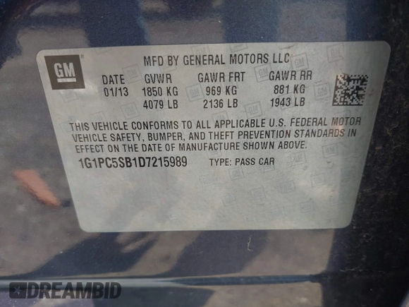 2013 Chevrolet Cruze 1LT with VIN 1G1PC5SB1D7215989, listed as a IAAI auction lot 42160837 with 172,169 mi miles and . Bid and sale history available at DreamBid. Image 9.