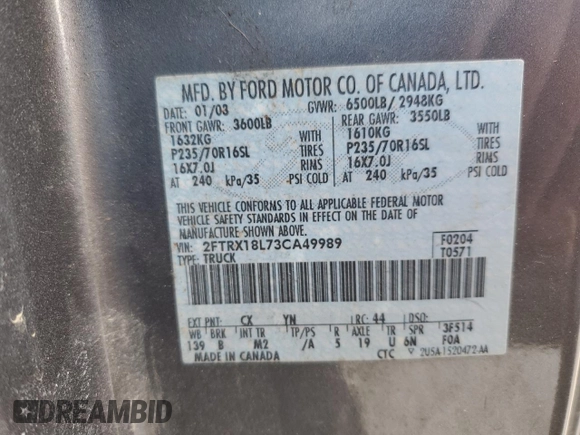 2003 Ford F-150 XL with VIN 2FTRX18L73CA49989, listed as a Copart auction lot 57434025 with 141,876 mi miles and Salvage title. Bid and sale history available at DreamBid. Image 12.