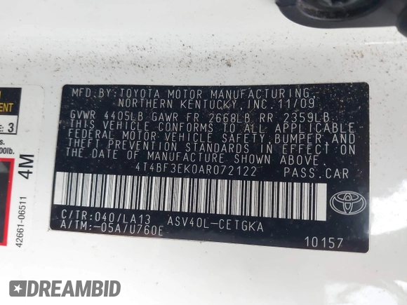 2010 Toyota Camry with VIN 4T4BF3EK0AR072122, listed as a IAAI auction lot 41873053 with 139,600 mi miles and . Bid and sale history available at DreamBid. Image 9.