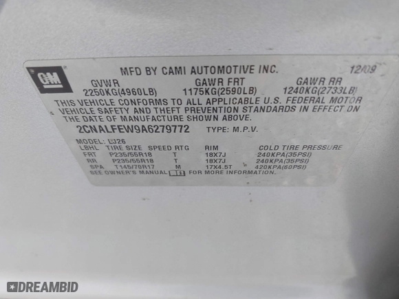 2010 Chevrolet Equinox LTZ with VIN 2CNALFEW9A6279772, listed as a IAAI auction lot 41605822 with 175,573 mi miles. Bid and sale history available at carsss.com. Image 9.