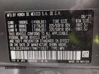 2022 Honda HR-V Sport with VIN 3CZRU6H17NM710927, listed as a IAAI auction lot 41524421 with 55,267 mi miles. Bid and sale history available at carsss.com. Image 9.