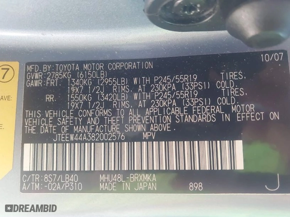 2008 Toyota Highlander Hybrid Limited with VIN JTEEW44A382002576, listed as a IAAI auction lot 41831706 with 211,978 mi miles. Bid and sale history available at carsss.com. Image 9.