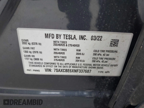 2022 Tesla Model X Plaid with VIN 7SAXCBE6XNF337687, listed as a IAAI auction lot 42035097 with 18,756 mi miles and . Bid and sale history available at DreamBid. Image 9.