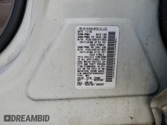 2006 Nissan Murano SL z VIN JN8AZ08T96W405907, wystawiony jako Copart lot #84817324 z przebiegiem 128 416 mil mil oraz Czysty tytuł • Clean title. Historia ofert i sprzedaży dostępna na DreamBid. Obrazek 13.