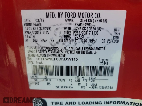 2012 Ford F-150 XL z VIN 1FTFW1EF6CKD59115, wystawiony jako Copart lot #50122095 z przebiegiem 283 019 mil mil oraz Czysty tytuł • Clean title. Historia ofert i sprzedaży dostępna na DreamBid. Obrazek 15.