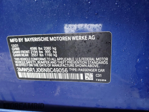 2022 BMW 3 Series 330i z VIN 3MW5R1J06N8C49056, wystawiony jako IAAI lot #41496252 z przebiegiem Nie podano mil oraz . Historia ofert i sprzedaży dostępna na DreamBid. Obrazek 9.