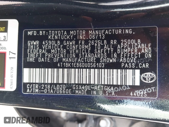 2013 Toyota Avalon XLE with VIN 4T1BK1EB6DU056103, listed as a IAAI auction lot 42553318 with 114,143 mi miles and . Bid and sale history available at DreamBid. Image 9.