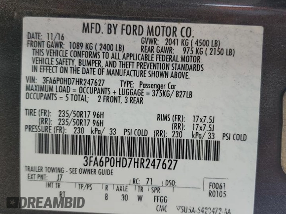 2017 Ford Fusion SE with VIN 3FA6P0HD7HR247627, listed as a Copart auction lot 61872975 with 230,032 mi miles and Salvage title. Bid and sale history available at DreamBid. Image 12.