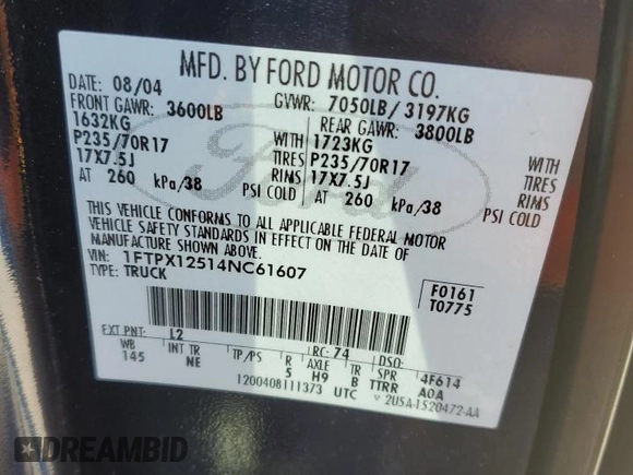 2004 Ford F-150 XL with VIN 1FTPX12514NC61607, listed as a Copart auction lot 44737215 with 89,379 mi miles and Salvage Title. Bid and sale history available at carsss.com. Image 13.