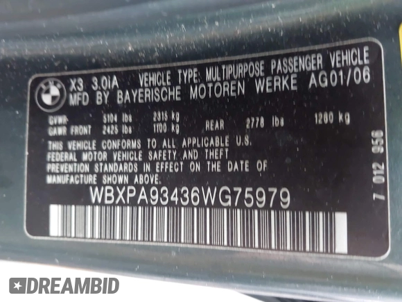 2006 BMW X3 3.0i with VIN WBXPA93436WG75979, listed as a IAAI auction lot 41896174 with Not Provided miles and . Bid and sale history available at DreamBid. Image 9.