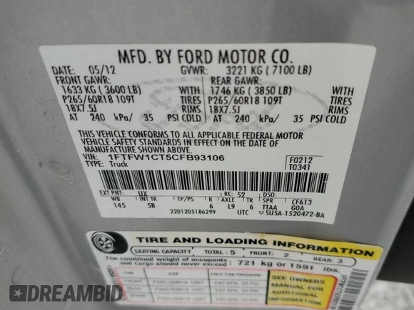 2012 Ford F-150 XL z VIN 1FTFW1CT5CFB93106, wystawiony jako Copart lot #53607405 z przebiegiem 174 920 mil mil oraz Szkoda całkowita • Salvage title. Historia ofert i sprzedaży dostępna na DreamBid. Obrazek 12.