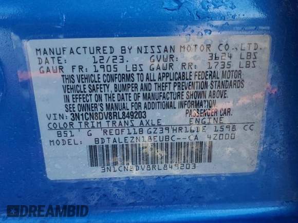 2024 Nissan Versa S z VIN 3N1CN8DV8RL849203, wystawiony jako Copart lot #56414195 z przebiegiem 22 127 mil mil oraz Szkoda całkowita • Salvage title. Historia ofert i sprzedaży dostępna na DreamBid. Obrazek 12.