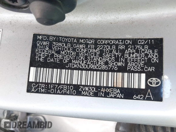 2011 Toyota Prius I with VIN JTDKN3DU9B0285776, listed as a IAAI auction lot 41305674 with Not Provided miles and . Bid and sale history available at DreamBid. Image 9.