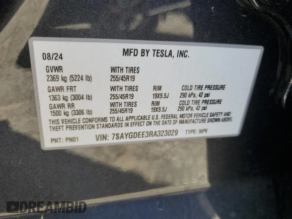 2024 Tesla Model Y Long Range z VIN 7SAYGDEE3RA323029, wystawiony jako Copart lot #50171805 z przebiegiem Nie podano mil oraz Szkoda całkowita • Salvage title. Historia ofert i sprzedaży dostępna na DreamBid. Obrazek 12.